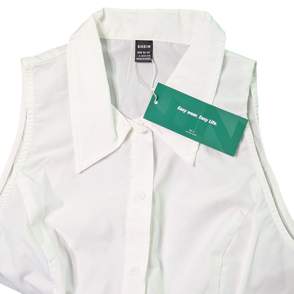 Shein EZwear Large Collared Crop Blouse White Sleeveless Button Up Minimalist
